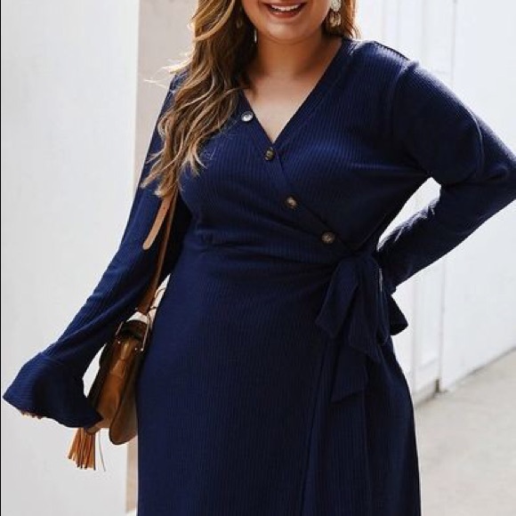 1X-2X-3X: Button Front Ribbed Wrap Dress - Picture 4 of 8